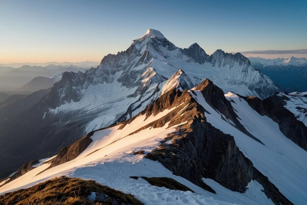 snow capped mountain peaks in the early morning light