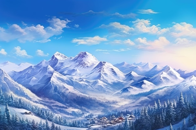 Snow capped mountain range panorama