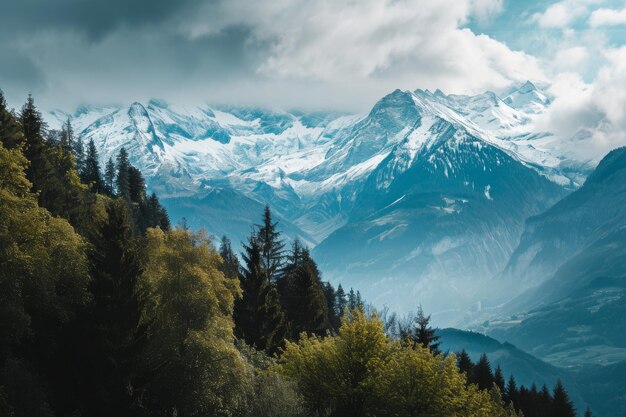 Snow capped peaks of the Swiss Alps Panoramic view of snow capped mountain peaks Ai generated