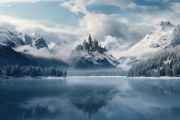 Снежный замок горный ручей ледниковое озеро снежные горы альпийское озеро