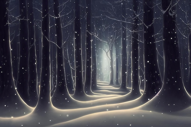 Snow covered alley in a park at winter night snow falling trees\
perspective 3d digital illustration