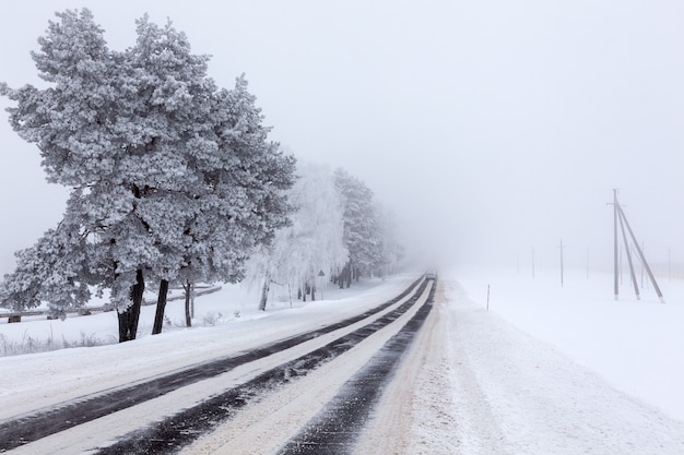 吹雪の後、霧の中で田舎の畑を通る雪に覆われたアスファルト道路。