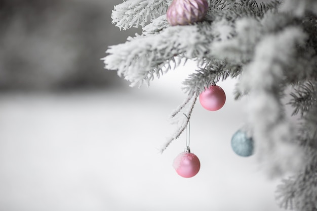 사진 눈 속에서 크리스마스 트리 장난감이 있는 눈 덮인 나뭇가지