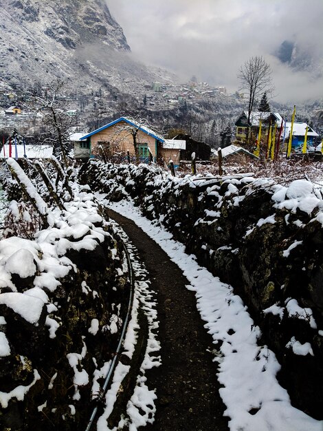 Snow covered buildings against mountain