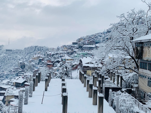 Snow covered buildings against sky