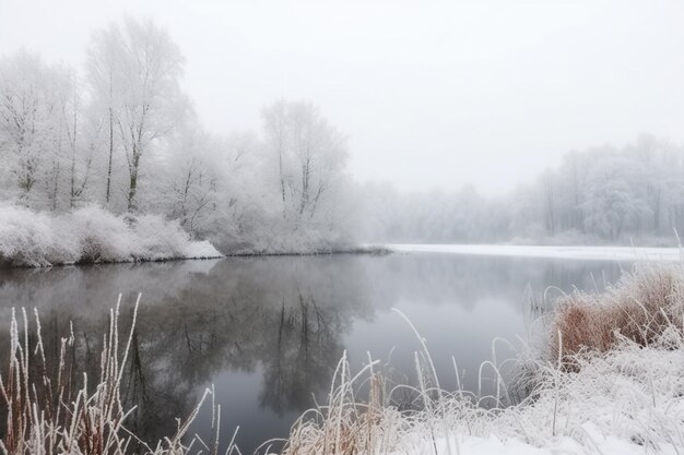 Snow covered calm winter landscape at snowfall generative ai