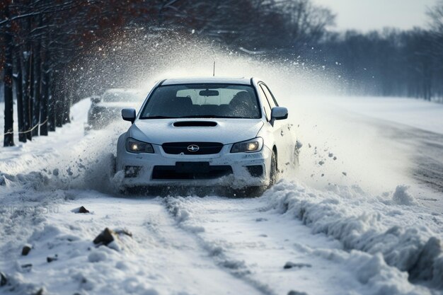 Фото Снежная машина на дороге в зимний шторм.
