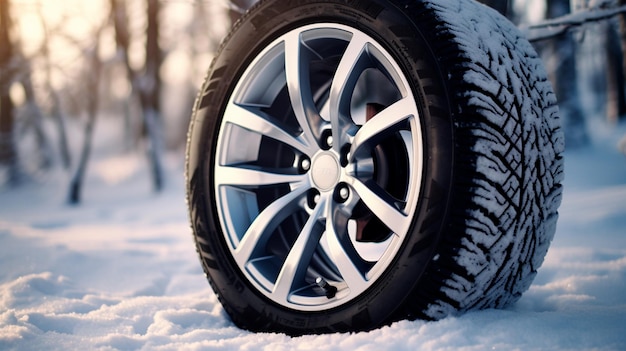 snow covered car tire on winter road closeup