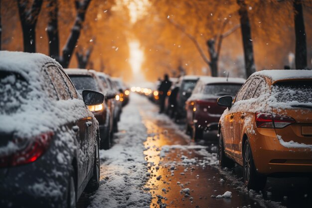 冬の降雪で雪で覆われた車が道路に乗っている