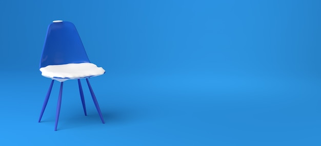 Snow covered chair on blue background. Copy space. 3D illustration.