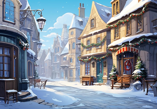 Snow covered Christmas street illustration