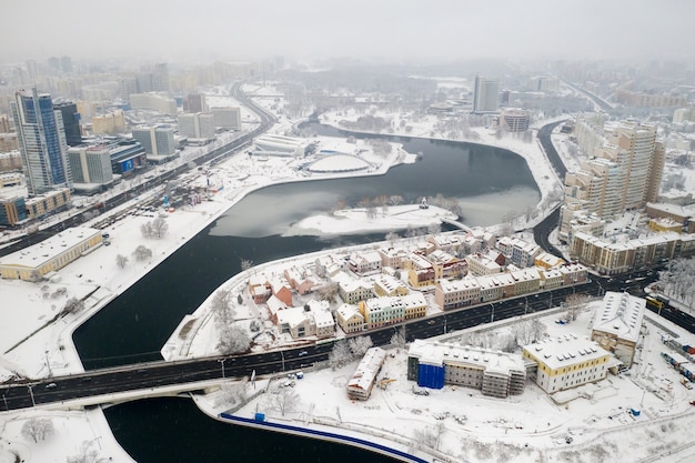 Snow-covered city center of Minsk from a height