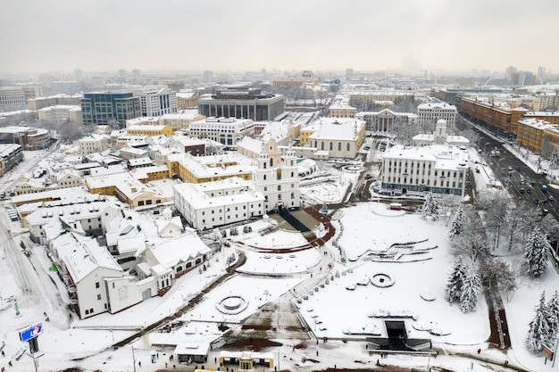 Snow-covered city center of Minsk from a height