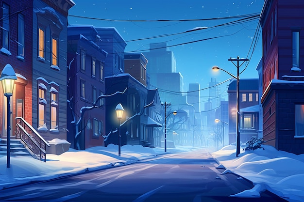 Snow covered city streets at night with streetlights glowing