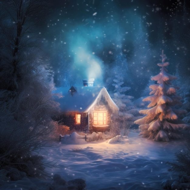 Snow covered cottage illuminated from within in a frosty forest under a gentle snowfall at night