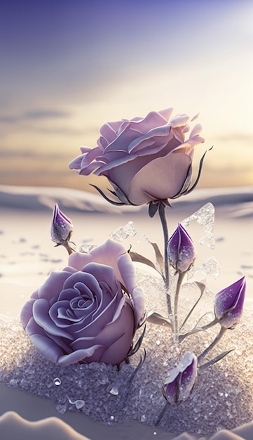 A snow covered desert with two roses in the foreground.