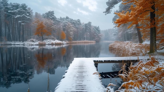 a snow covered dock next to a body of water