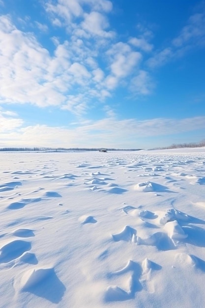 青い空と数つの雲で覆われた雪の野原