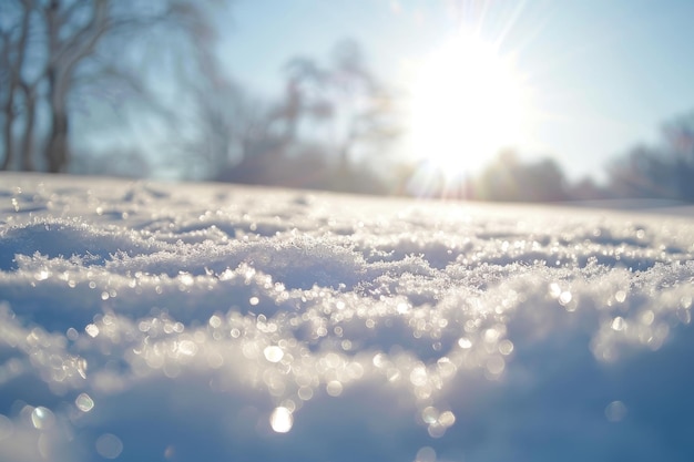 A snow covered field with a bright sun shining on it