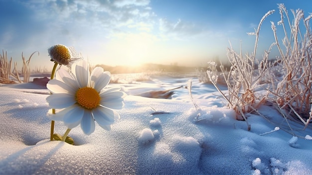 A snow covered field with a daisy and the sun