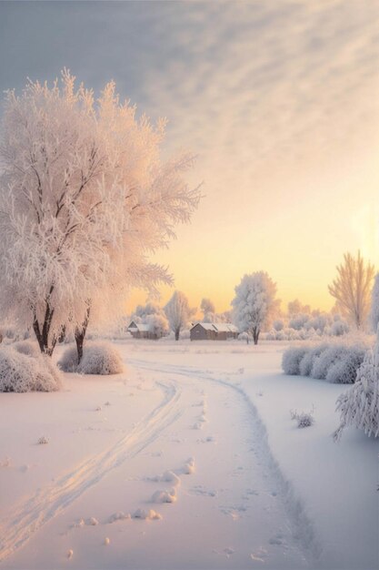 Snow covered field with trees and tracks in the snow generative ai