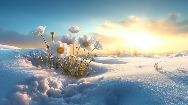 A snow covered field with white flowers in the foreground and the sun shining on the horizon.