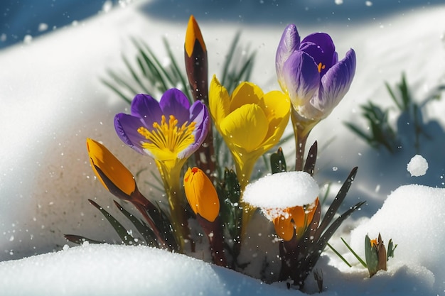 A snow covered flower bed with the word spring on it