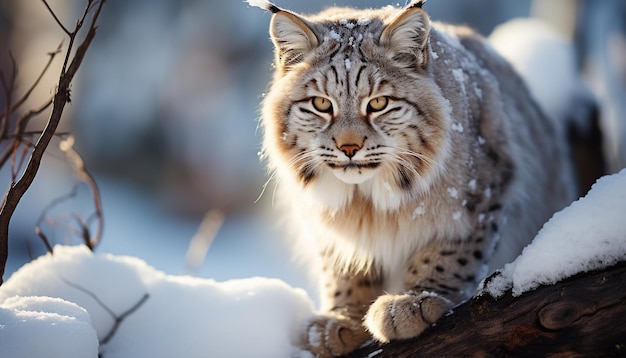 雪に覆われた森林のロブキャットが 猛烈で壮大な AIによって生成された