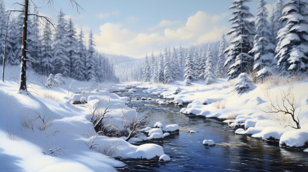 スティーブ・サック スタイル で 優雅 に 描か れ た 雪 に 覆わ れ た 森林 の 川