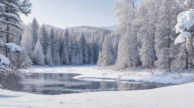 A snow covered forest with a blanket of white and a frozen lake