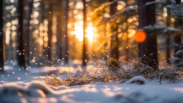 背景に冬という標識がある雪に覆われた森