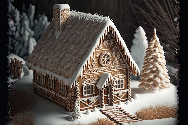 Snow covered gingerbread home on a wooden background