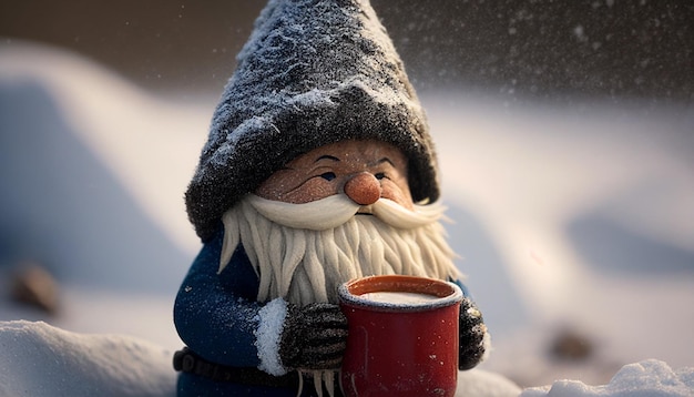 A snow covered gnome with a mug of coffee