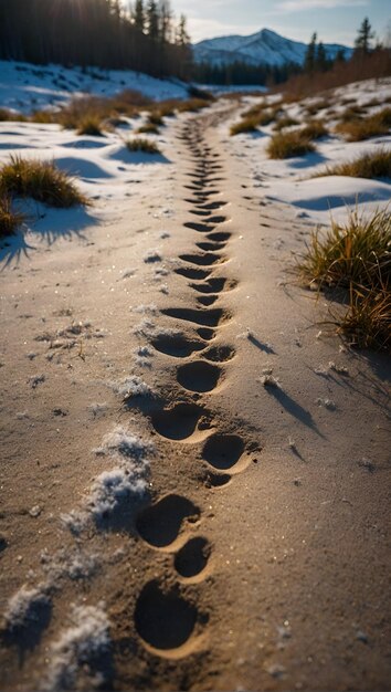 砂に足跡がある雪で覆われた地面