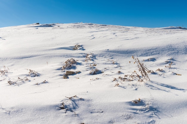 雪に覆われた丘と青空
