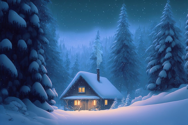 Snow covered house in forest at winter night warm window light