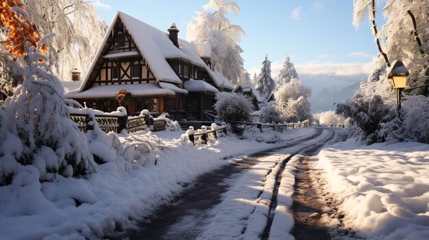 Snow covered house at winter season