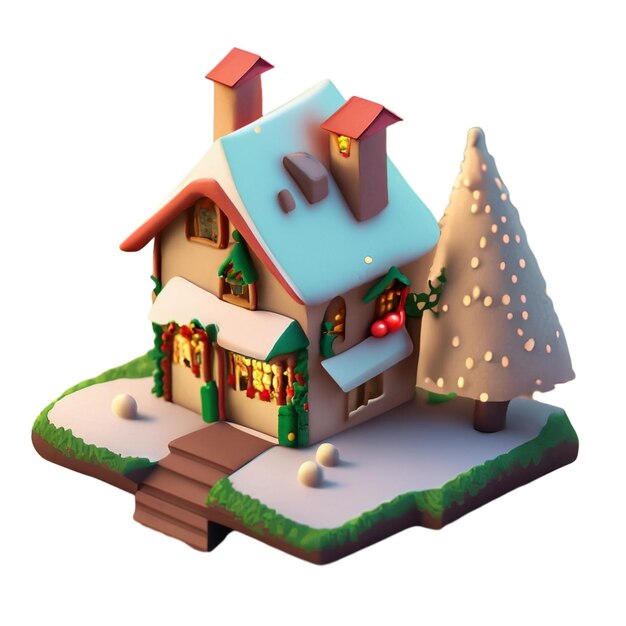 Snow covered house with Christmas tree