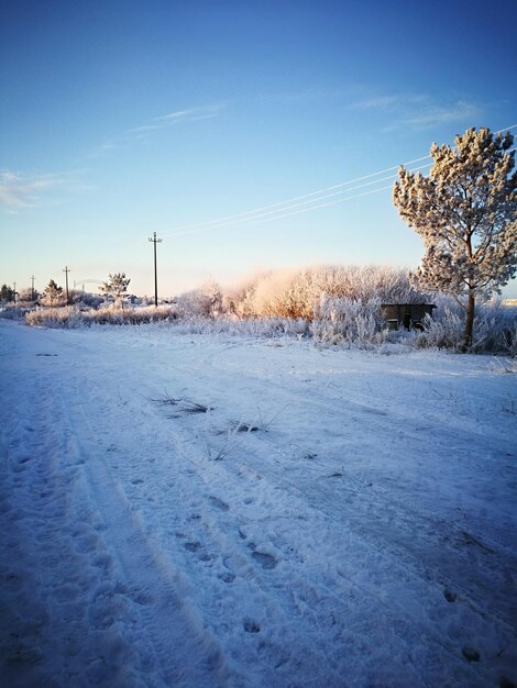 Snow covered landscape against blue sky