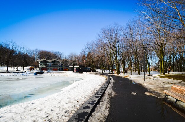 Snow covered landscape against clear blue sky