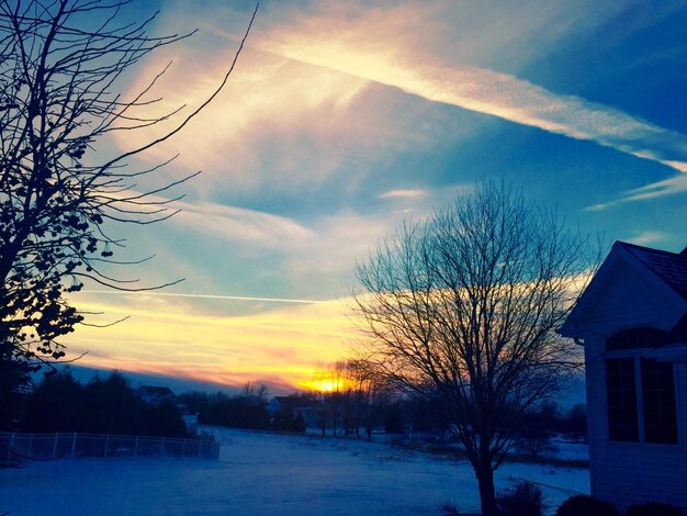 Snow covered landscape at sunset