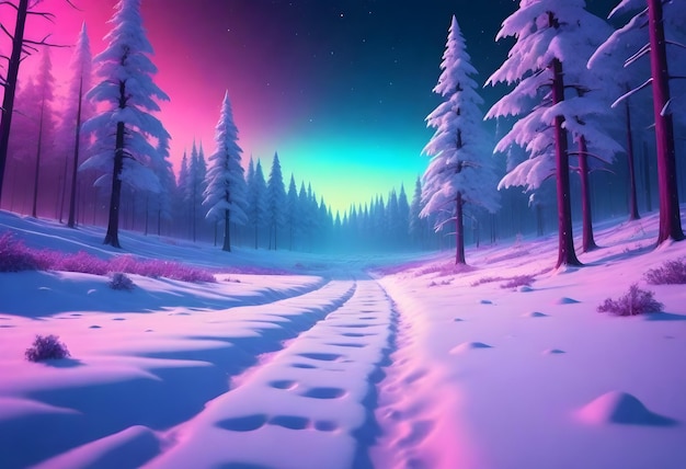 Snow covered landscape with pink grass pine trees and a pink and red sky at twilight