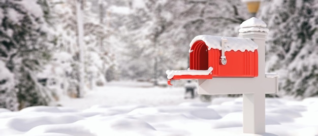 雪に覆われたメールボックスは、雪に覆われた国の背景をぼかします空のレトロな赤い郵便ポスト オープン 3 d イラスト