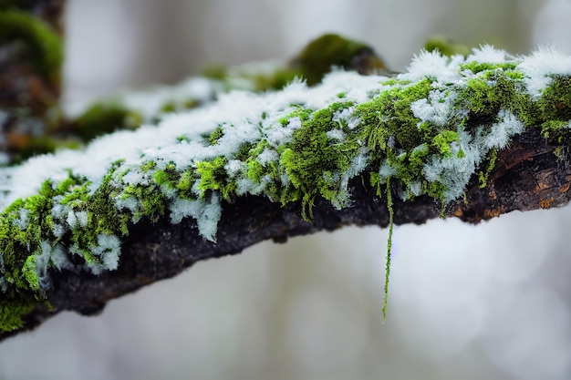 Snow covered mossy branch closeup background