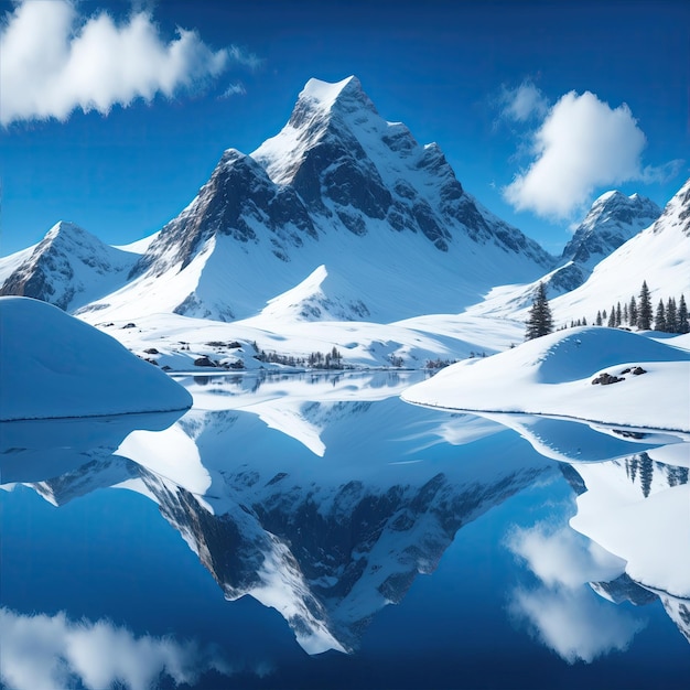 Покрытое снегом горное голубое небо с отражением в недостатке Потрясающий фотореалистичный пейзаж