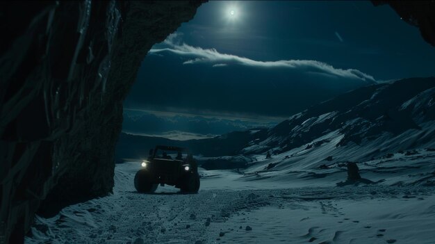 밤에 눈으로 인 산을 지나가는 차량과 함께 눈 스 비디오 로열티 프리 영상