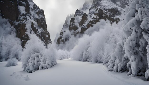 Foto una montagna coperta di neve con un fiume ghiacciato al centro