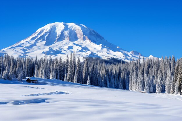 A snow covered mountain with a snow covered forest