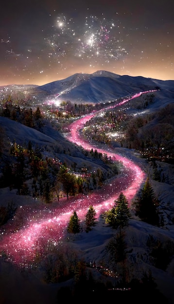 Snow covered mountain with a stream of pink lights generative ai