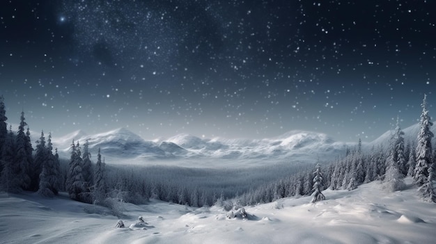 Snow covered mountains landscape at night